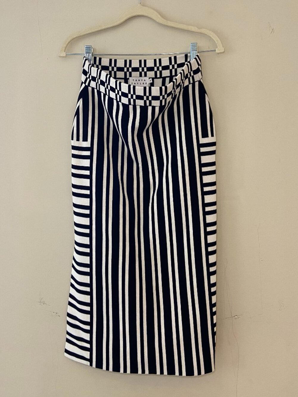 Tanya Taylor Black White Striped Checkerboard Knit Midi Pencil Skirt Size M